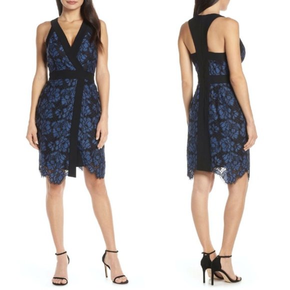 NWT Harlyn Two-Tone Blue/Black Floral Lace Surplice Cocktail Dress Size Medium - Picture 1 of 7